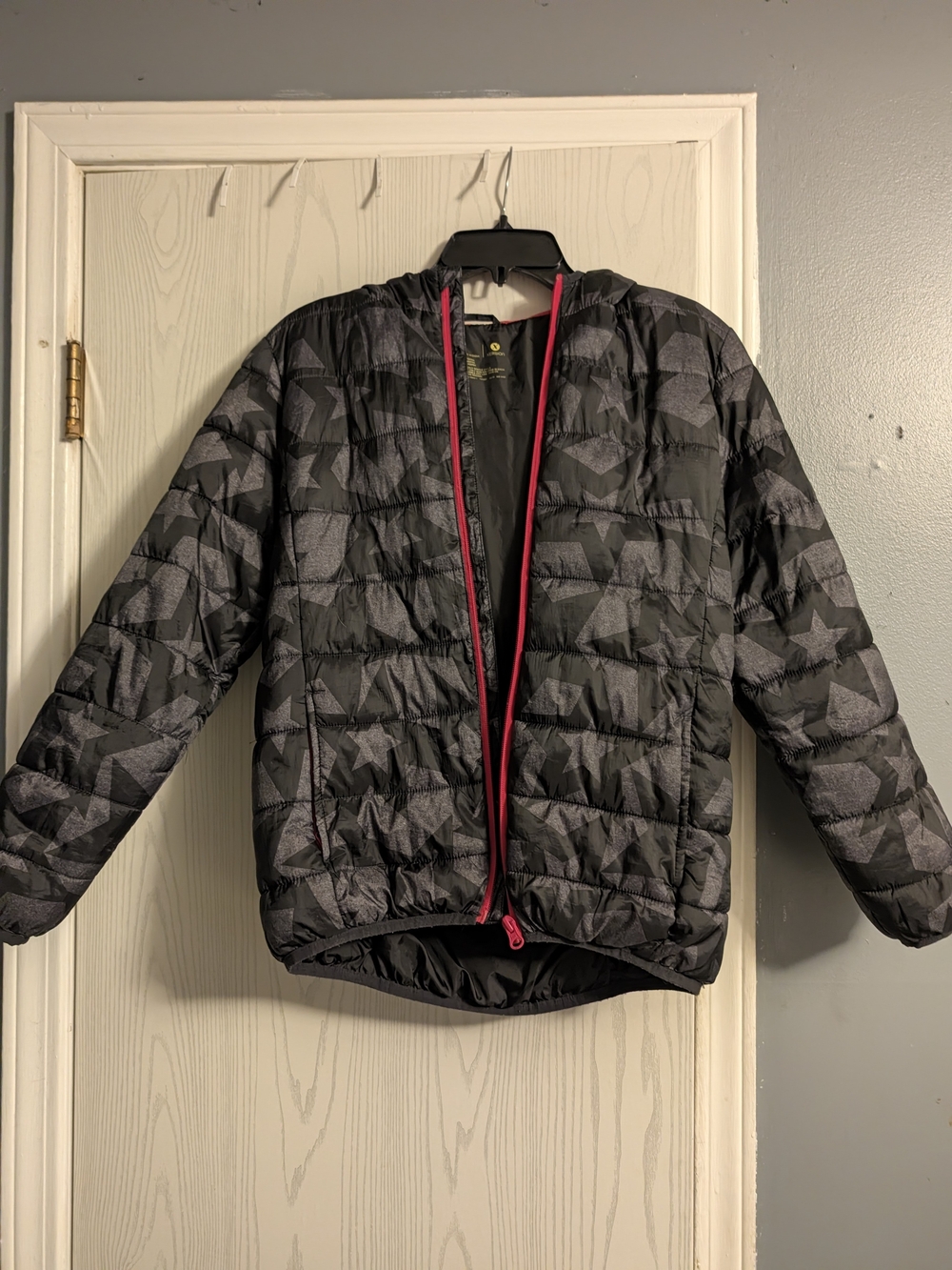 Xersion Kid's Black & Gray Star Print Puffer Jacket with Pink Trim
